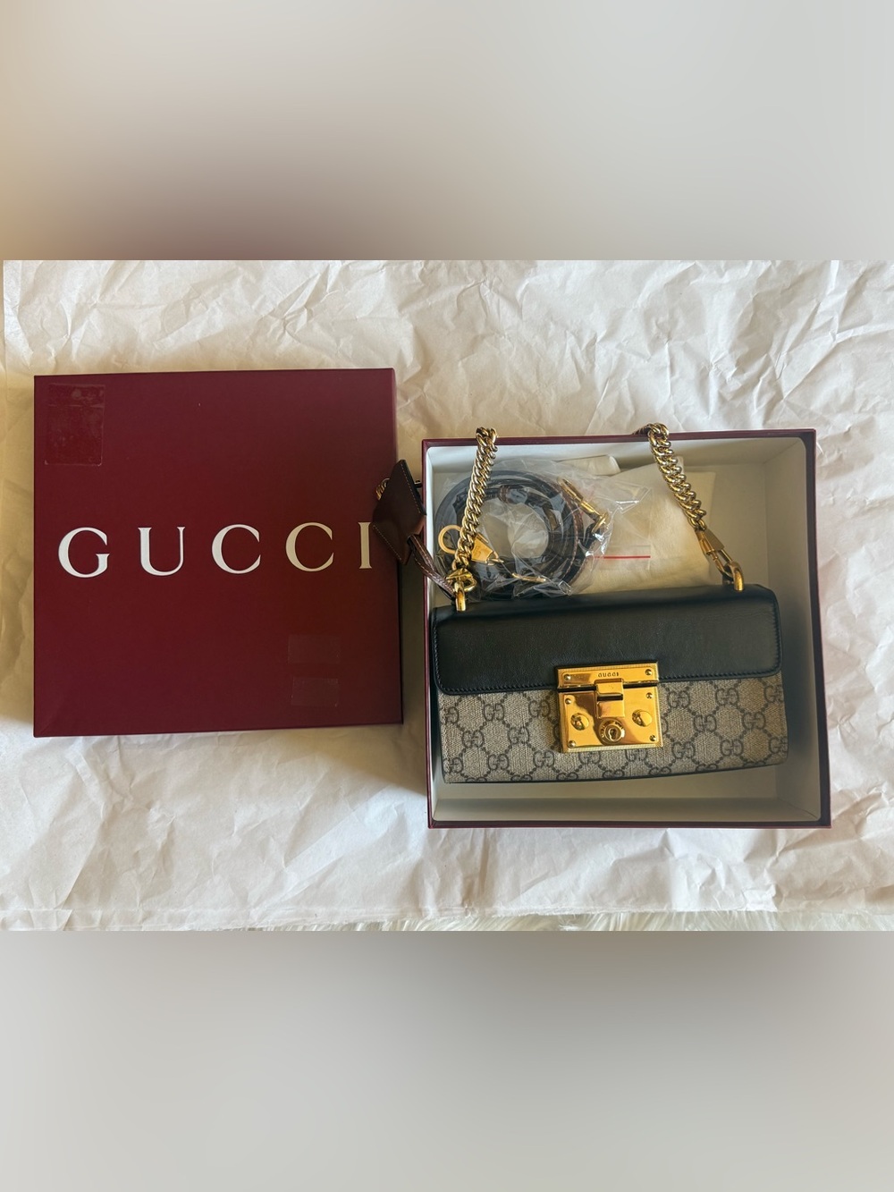 Gucci Brown/Black GG Supreme Canvas Crossbody with Gold Lock - Picture 9 of 16